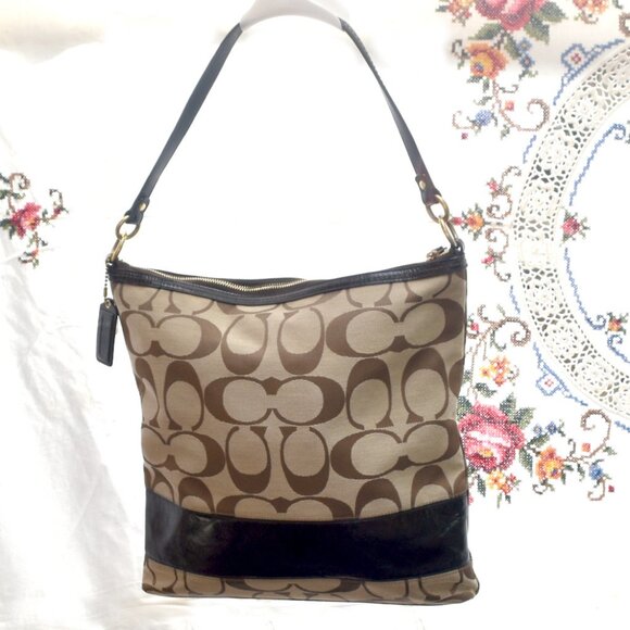 Coach Signature Stripe Tote Bag Khaki / Mahogany Brown 👜 Pre-Owned - Picture 4 of 8